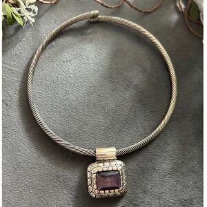 Y2K Silver Tone Cable Collar Necklace Purple Glass Pendant Statement